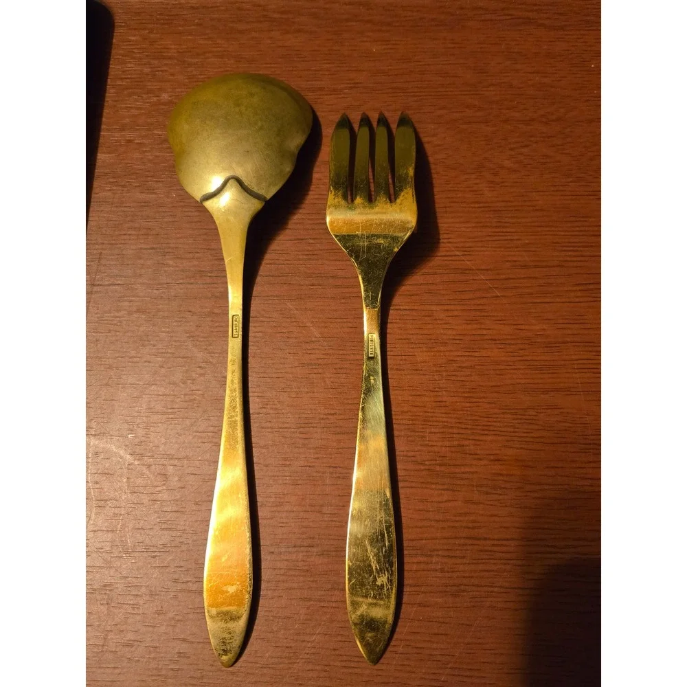 Christofle Vintage Gold Tone Serving Spoon and Fork Set Tarnish Wear